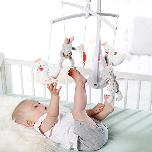 Fehn 062137 - Móvil musical con cisne, conejo y flor para sonreír y sorprenderse, melodía"Lago de cisne", para fijar a la cama para bebés de 0-5 meses, altura: 65 cm, diámetro: 40 cm