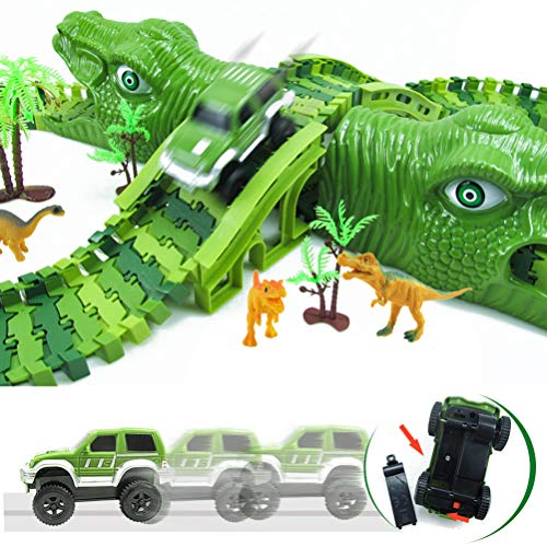Fiouni Dinosaur Race Track Set para niños, 153 piezas de vías de tren flexibles con un coche de carreras militar / 8 dinosaurios de juguete, regalo de cumpleaños de Navidad para 3 4 años en adelante