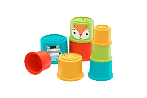Fisher-Price Cubos apilables de colores con motivo de animales, juguete para bebés +6 meses (Mattel GYM46)