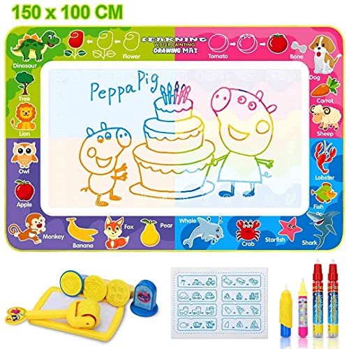 Fivejoy Agua Dibujo Pintura, 150 x 100 cm Agua Dibujo Doodle, Dibujo Agua Niños con 4 Bolígrafos Mágicos, 4 Sellos de Dibujos Animados, 1 Rodillo de Dibujos Animados, 1 Almohadilla de Tinta, 1 Folleto