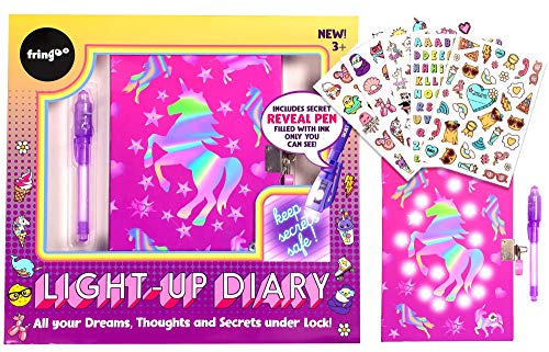 Fringoo - Diario Secreto y Bolígrafo Brillante con Estrellas para Chicas, Candado de Corazón Combinado al Marcapáginas | Hermoso Cuaderno de Chicas y Bolígrafos - Mezcla de Unicornio