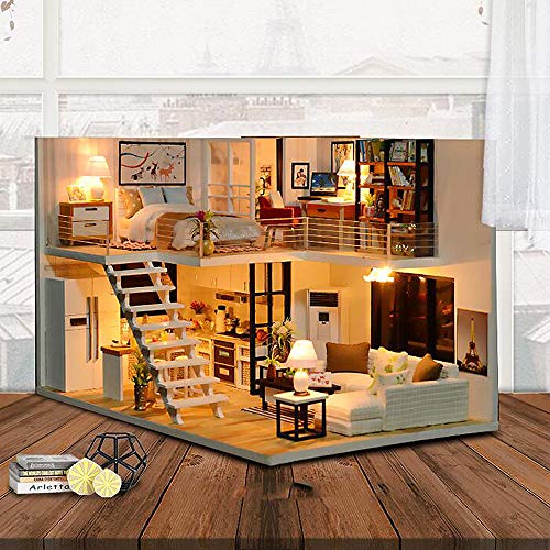 Fsolis Casa de Muñecas en Miniatura de Bricolaje con Mueble, Casa en Miniatura de Madera 3D con Cubierta Antipolvo y Movimiento Musical, Kit de Regalo Creativo de Casas para Muñecas-Elegant