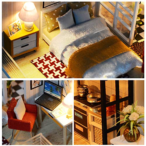Fsolis Casa de Muñecas en Miniatura de Bricolaje con Mueble, Casa en Miniatura de Madera 3D con Cubierta Antipolvo y Movimiento Musical, Kit de Regalo Creativo de Casas para Muñecas-Elegant