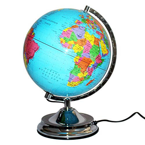 FUREIN Globo Terráqueo en Español con Iluminación Diámetro 25cm, Pie de Metal (Azul)