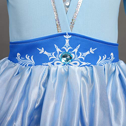 FYMNSI Disfraz de Princesa Elsa, Niñas Traje de Princesa de la Nieve Carnaval Cosplay Reino de Hielo Manga Larga Vestido Invierno para Cumpleaños Navidad Halloween Fiesta de Disfraces Azul 5-6 Años