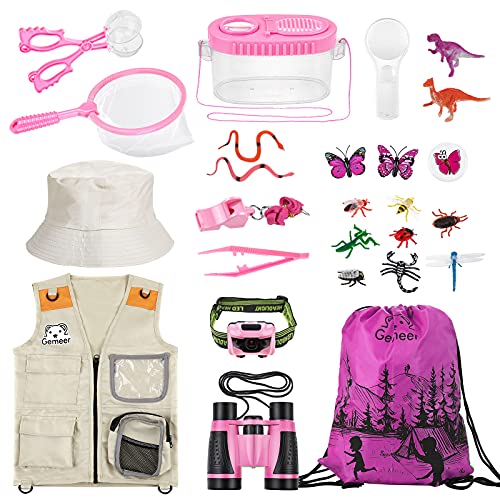 Gemeer Kit de Aventuras al Aire Libre, 26 Kits de Captura de Insectos, Kits de Aventuras al Aire Libre para niños, Kits de Ropa de Aventura, Juegos educativos, Juguetes de Aventura (Rosa)