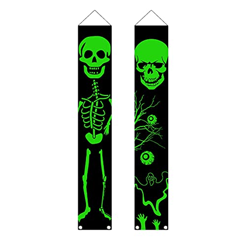 Gujugm Decoraciones para Puertas de Halloween - Cartel de Porche de Halloween Luminoso Pareado Banner Decoración Colgante de Calavera para Puerta Principal al Aire Libre (70.8''X11.8 '')