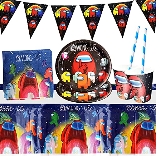 Gxhong Decoración de la Fiesta de cumpleaños Infantil de Among Us, Decoraciones de Cumpleaños,Suministros Vajilla de Fiesta Set, Pancarta Platos Tazas Servilletas Mantel Paja, 52PCS