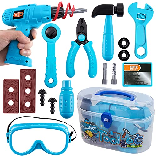 HERSITY Maletín Herramientas de Juguetes con Taladro y Gafas Bricolaje Juguetes Juegos de Imitación Regalos para Niños Niñas 3 4 5 Años