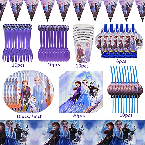 Hilloly 78 pcs Frozen Juego de Fiesta de cumpleaños Vajilla Fiesta Decoración Cumpleaños Vajilla Plato, Servilleta de Papel, Tenedor, Taza, Mantel,Vajilla de Fiesta - 10 Personas