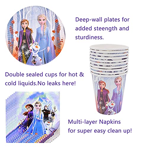 Hilloly 78 pcs Frozen Juego de Fiesta de cumpleaños Vajilla Fiesta Decoración Cumpleaños Vajilla Plato, Servilleta de Papel, Tenedor, Taza, Mantel,Vajilla de Fiesta - 10 Personas