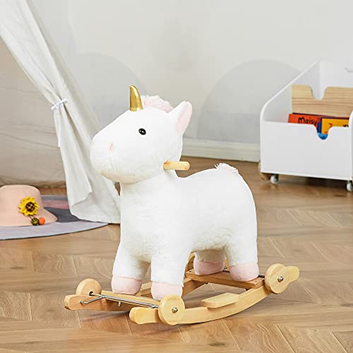 HOMCOM Caballito Balancín Infantil en Forma de Unicornio para Niños de +3 Años Balancín de Felpa 2 en 1 con Ruedas y Sonidos 63x38x63 cm Blanco