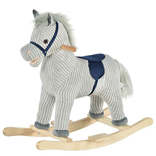 HOMCOM Caballito Balancín Infantil para Niños de +3 Años Caballo Mecedora de Felpa con Sonidos de Relincho y Galope Base de Madera 73x35x64 cm Azul y Rayas Gris