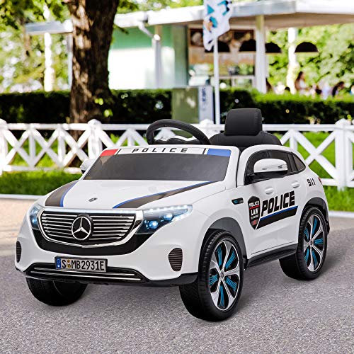 HOMCOM Coche Eléctrico de Policía para Niños Mercedes EQC Batería 12V +3 Años con Mando a Distancia Música Bocina y Faros Doble Apertura 106x68x53 cm Blanco