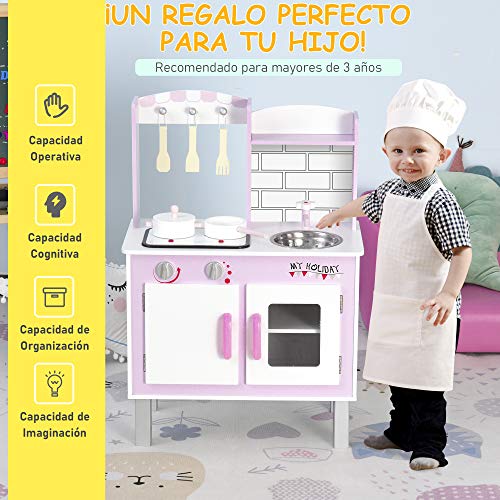 HOMCOM Cocinita de Juguete para Niños con Función de Sonido Armario Ganchos 5 Accesorios Incluidos Cocina Infantil Educativo +3 Años Madera 55x30x80 cm Rosa