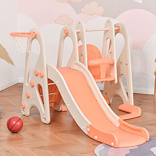 HOMCOM Columpio y Tobogán para Niños de +18 Meses Canasta de Baloncesto 3 en 1 con Asiento Ajustable Parque Infantil Interior y Exterior 158x117x97 cm Coral