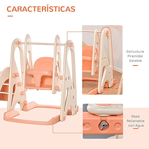 HOMCOM Columpio y Tobogán para Niños de +18 Meses Canasta de Baloncesto 3 en 1 con Asiento Ajustable Parque Infantil Interior y Exterior 158x117x97 cm Coral
