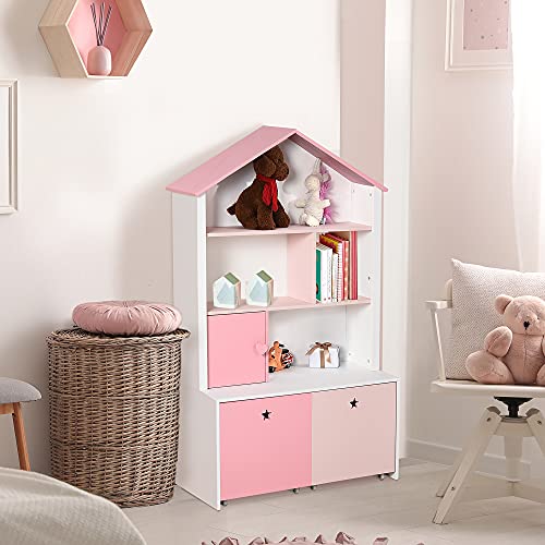 HOMCOM Estantería de Madera Infantil Librería para Niños con 4 Compartimentos 1 Puerta y 2 Cajones Extraíbles con Ruedas para Libros Juguetes 80x34x130 cm Rosa y Blanco
