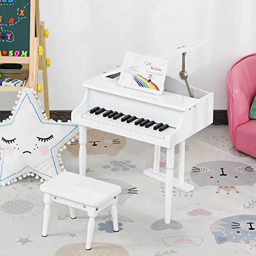 HOMCOM Piano de Cola Infantil con 30 Teclas Taburete y Atril de Partituras Piano para Niños de MDF Instrumento Musical Didáctico 52x50x49 cm Blanco