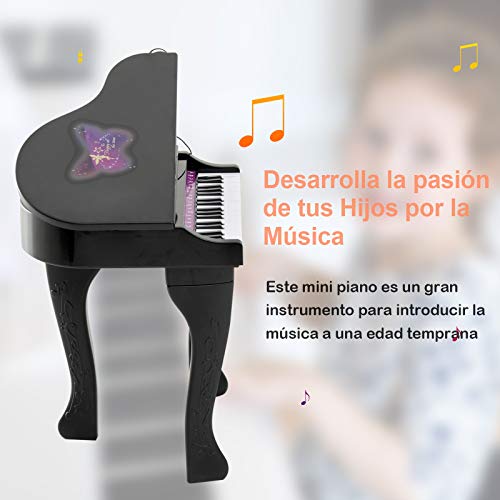 HOMCOM Piano Infantil 37 Teclas Teclado Electrónico Juego de Piano con Micrófono Taburete Luces y 22 Canciones USB/MP3 Karaoke Modo de Enseñanza Negro
