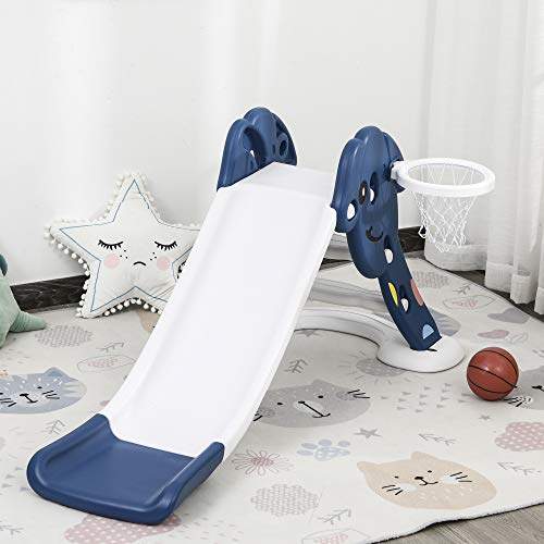 HOMCOM Tobogán Infantil con Canasta de Baloncesto para Niños de +2 Años Juguete Interior y Exterior Carga 25 kg Accesorios Incluidos 68x146x68 cm Azul