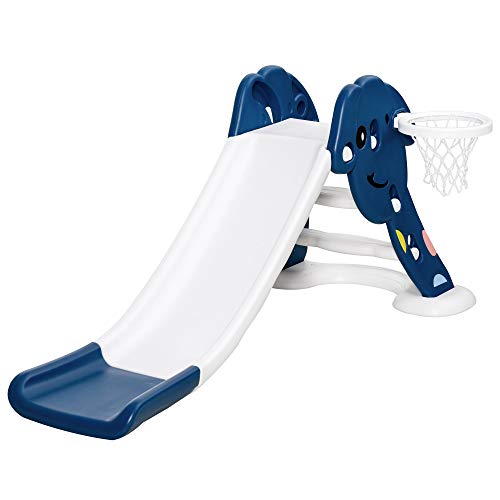 HOMCOM Tobogán Infantil con Canasta de Baloncesto para Niños de +2 Años Juguete Interior y Exterior Carga 25 kg Accesorios Incluidos 68x146x68 cm Azul