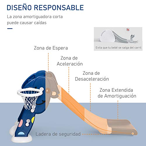 HOMCOM Tobogán Infantil con Canasta de Baloncesto para Niños de +2 Años Juguete Interior y Exterior Carga 25 kg Accesorios Incluidos 68x146x68 cm Azul