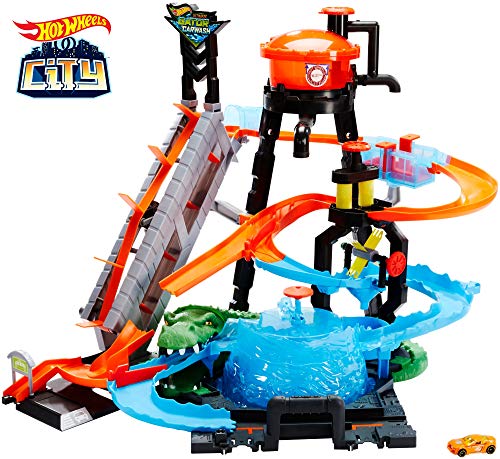 Hot Wheels Pista Coches cocodrilo túnel de Lavado + Shifters Pack de 5 Coches Que cambian de Color, Modelo Surtido