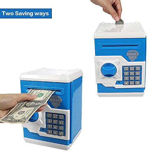 HUSAN Hucha electrónica para niños con código electrónico de cerditos, Mini cajero electrónico para Monedas ATM, Caja de Monedas, Juguete Divertido Regalo (Azul)