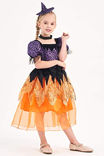 IKALI Disfraz de bruja de halloween para niña, Traje de disfraces de hechicera princesa mágica juego de roles 3 piezas