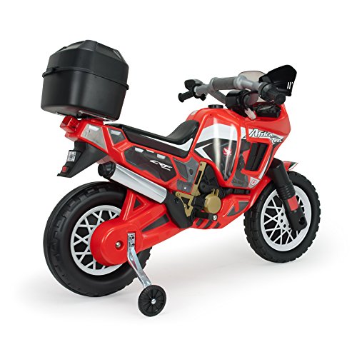 INJUSA – Moto África Twin de 6V Licenciada con Maletín Trasero y Ruedas Estabilizadoras Recomendada a Niños +3 Años, Color Rojo