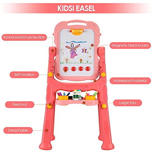 InLoveArts Caballete de arte para niños Tablero de pintura magnético de doble cara con tizas y marcadores, tablero de dibujo giratorio de 360 ° ajustable en altura con borrador de pizarra