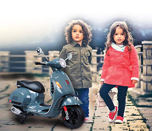 Jamara 460441 - Ride-on Vespa GTS Gris 12V – Asiente en Piel sintético, Ruedas de Goma Ultra-Grip, Claxon, Faro Led, Batería Potente, SD, AUX, USB