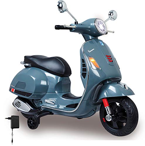 Jamara 460441 - Ride-on Vespa GTS Gris 12V – Asiente en Piel sintético, Ruedas de Goma Ultra-Grip, Claxon, Faro Led, Batería Potente, SD, AUX, USB