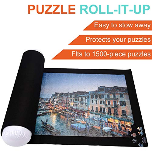 JOLIGAEA Tapete Puzzle, Alfombrilla Portátil para Rompecabezas para 1500 Piezas Puzzle, Porta Puzzle, Alfombrilla de Fieltro para Puzzles con Bolsa de Almacenamiento de Bomba de Tubo, Negro