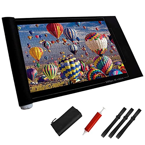 JOLIGAEA Tapete Puzzle, Alfombrilla Portátil para Rompecabezas para 1500 Piezas Puzzle, Porta Puzzle, Alfombrilla de Fieltro para Puzzles con Bolsa de Almacenamiento de Bomba de Tubo, Negro