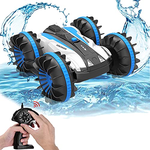 Joyjam Coche teledirigido Anfibio, Stunt Car Impermeable Anfibios con 2 Lados de conducción en Agua y Tierra Coche radiocontrol Electric Juguetes para niños Azul