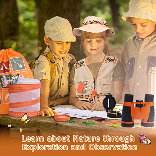 Joyjoz Kit de Binoculares para Niños, Kit Explorador niño con Prismaticos niños, Juego de rol con Tela y Sombrero, Linterna, Brújula, Caja de Insectos(50 Piezas)