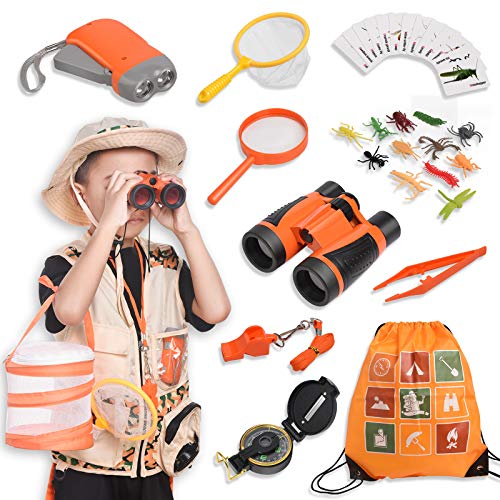 Joyjoz Kit de Binoculares para Niños, Kit Explorador niño con Prismaticos niños, Juego de rol con Tela y Sombrero, Linterna, Brújula, Caja de Insectos(50 Piezas)