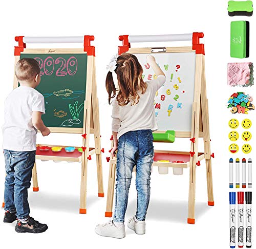 Joyooss Caballete de madera para niños con rollo de papel, pizarra magnética de doble cara y pizarra blanca, altura ajustable, 3 en 1 con accesorios para colorear para niñas y niños