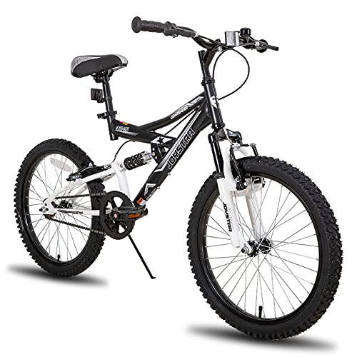 JOYSTAR Contender - Bicicleta de montaña para niños (20 pulgadas, doble suspensión, marco de acero de 15 pulgadas y 1 marcha, ruedas de 20 pulgadas, incluye soporte), color negro