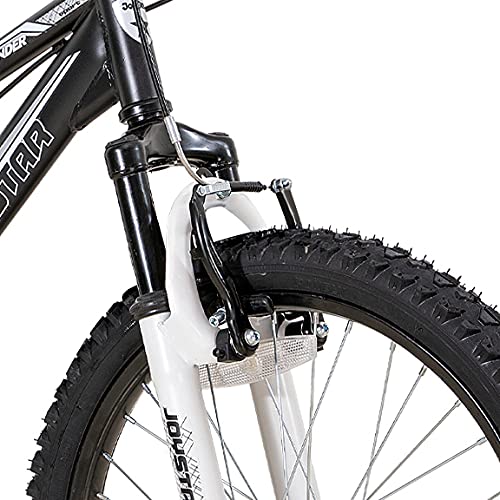 JOYSTAR Contender - Bicicleta de montaña para niños (20 pulgadas, doble suspensión, marco de acero de 15 pulgadas y 1 marcha, ruedas de 20 pulgadas, incluye soporte), color negro