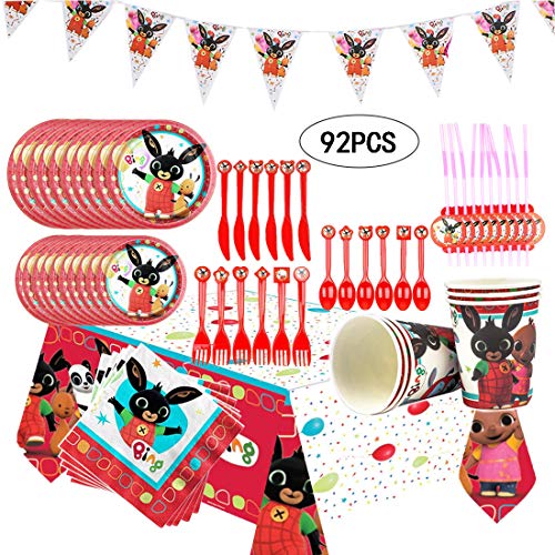 Juego de Cubiertos Reutilizable, Set de 92 Piezas Plato de Bing Bunny para Fiestas Incluye Pancarta Platos Servilletas Pajas Mantel Cucharas Tenedores para Fiesta Baby Shower