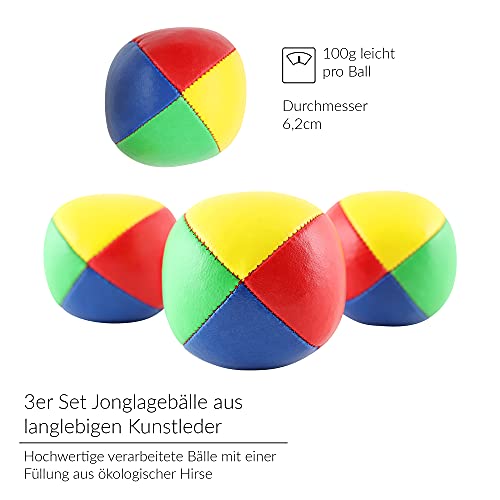 Juego de malabares para niños y adultos con mazas de malabares, bolas, pañuelos, platos, palo y guía de malabares – Juego completo de malabares con bolsa como regalo de cumpleaños