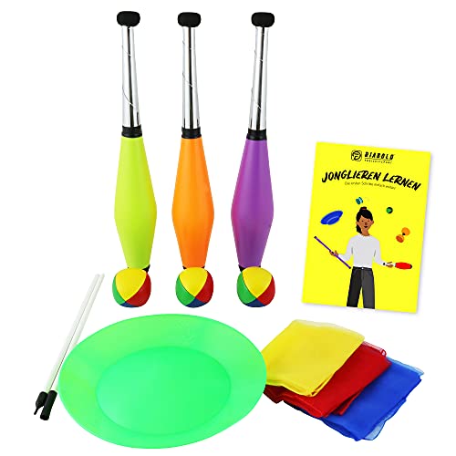 Juego de malabares para niños y adultos con mazas de malabares, bolas, pañuelos, platos, palo y guía de malabares – Juego completo de malabares con bolsa como regalo de cumpleaños