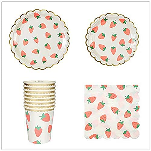 Juego de vajilla desechable de 112 piezas, suministros de fiesta MaitianGuyou con 20 platos de cena, 20 platos de postre, 20 tazas, 20 pajitas, 32 servilletas para fiesta, cumpleaños, boda (fresa)