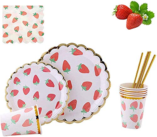 Juego de vajilla desechable de 112 piezas, suministros de fiesta MaitianGuyou con 20 platos de cena, 20 platos de postre, 20 tazas, 20 pajitas, 32 servilletas para fiesta, cumpleaños, boda (fresa)
