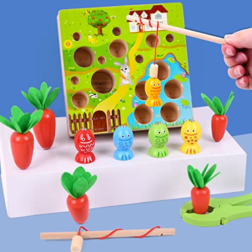 Juguetes Montessori 1 2 Años, Juego Educativo Bebe, Juego de Pesca Magnético 3 en 1, Zanahoria Rompecabezas, Juguetes de Motricidad Madera Infantil, Regalo de Cumpleaños/Navidad Niños Niñas Pequeños