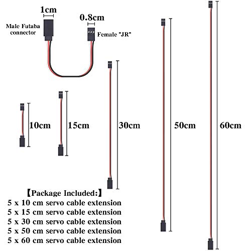 KANOSON Servo RC Cable de Extensión, 25 pcs RC Servo Cable, 3 Pin Extensión Servo /JR Macho a Hembra Cables de Servo para Aviones de Control Remoto, Avión RC (10 cm, 15 cm, 30 cm, 50 cm, 60 cm)