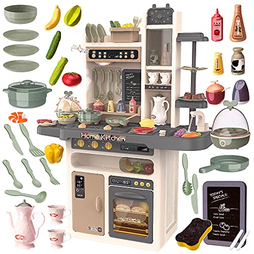 Kinderplay Cocina Juguete, Cocina para Niños - Luz, Agua Vapor, con Sonido, cocinitas de juguetes, altura 93.5 cm, desde el suelo hasta el tablero de la mesa 46 cm. 65 accesorios incluidos, KP3297
